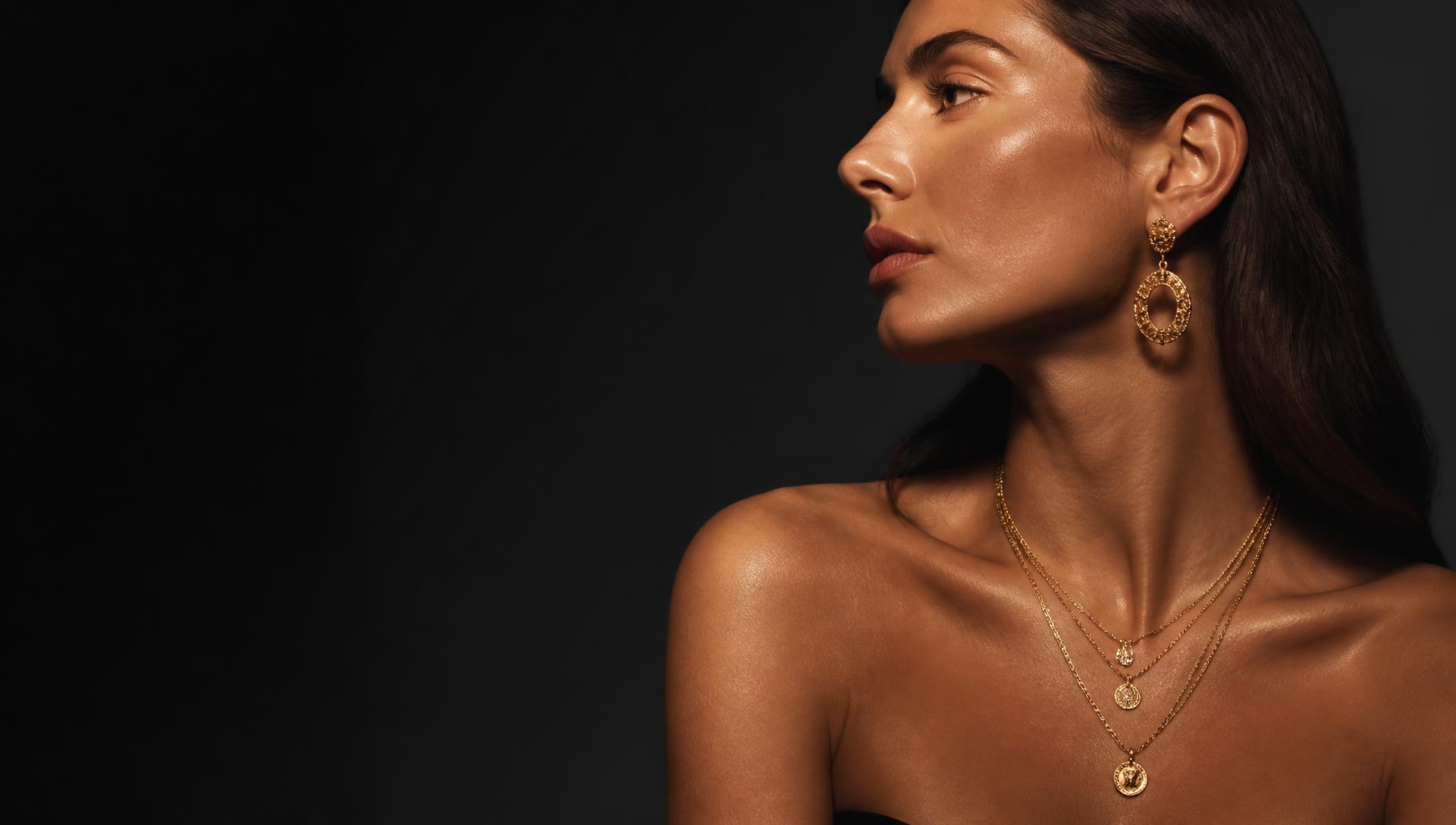 Model wearing gold statement earrings and layered necklaces